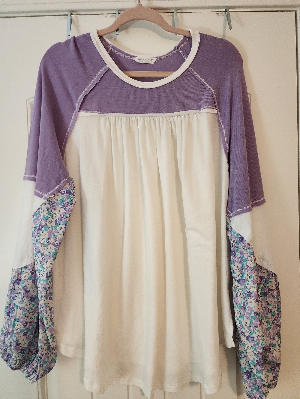 Chic Soul Women's Lavender & White Floral Sleeve Babydoll Top Boho 1X Pastel